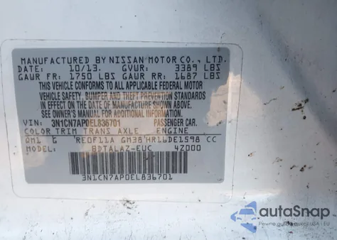 2014 Nissan Versa 1.6 S+ from USA, damaged, VIN 3N1CN7AP0EL836701